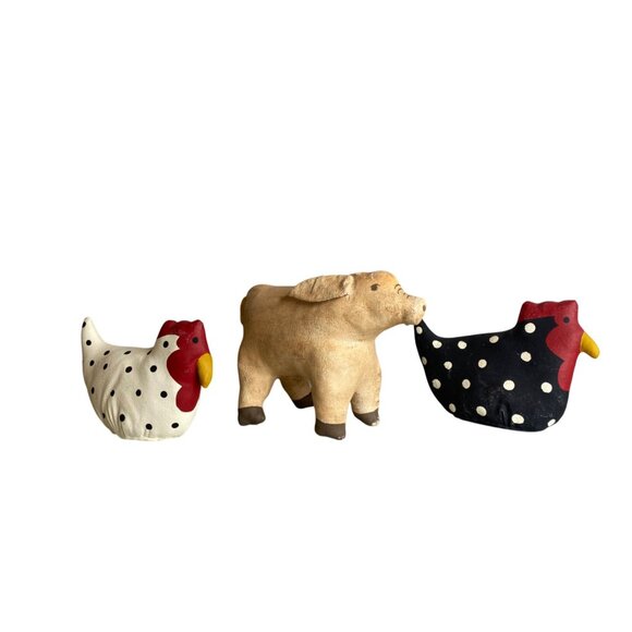 Handcrafted Primitive Rustic Farmhouse Stuffed Canvas Polka Dot Chickens & Pig F - Picture 3 of 4